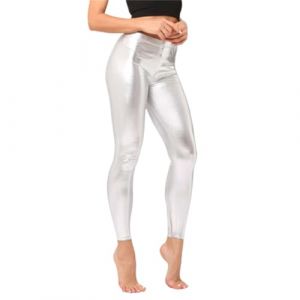 Generisch Legging m&eacute;tallique brillant pour femme - Effet mouill&eacute; - Pantalon skinny stretch - Pantalon de danse pour le fitness, le yoga, la danse, la discoth&egrave;que et le carnaval, O argent&eacute;, M (Beimu250718XZ, neuf)