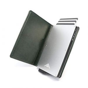 Stealth Wallet Porte Carte Bancaire RFID pour Homme - Porte-Cartes De Cr&eacute;dit avec M&eacute;canisme Pop Up et Bo&icirc;te Cadeau - Portefeuilles de Cr&eacute;dit Aluminium Minces (Aluminium Argent, Cuir Vert) (ETK Limited, neuf)
