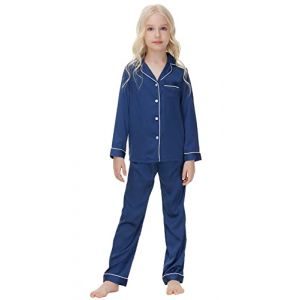 Verve Jelly Enfant en bas &acirc;ge B&eacute;b&eacute; Gar&ccedil;on Fille Satin Soie Pyjama Ensemble Manches Longues Chemise Boutonn&eacute;e Tops Pantalon Long 2 Pi&egrave;ces V&ecirc;tements de Nuit Pyjama pour Enfants Bleu Marine 120 5-6 Ans (kuersi eu, neuf)