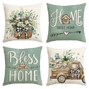 Artoid Mode Bleu Eucalyptus Kapok Fleurs Panier Camion Couvre-Coussins Printemps Lot de 4, 40x40 cm Housse de Coussin D&eacute;corative Home Sweet Home Couvre-Coussin Canape D&eacute;coration (Artoid Direct, neuf)