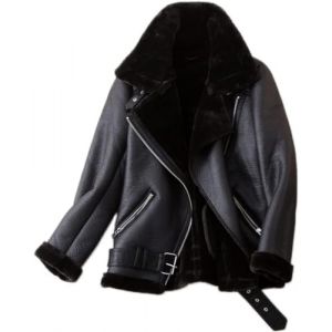 Veste de Moto en Fausse Tonte pour Femme Parka doubl&eacute;e &eacute;paisse Manteau en Peau de Mouton retourn&eacute;e d'hiver Veste en Cuir (Noir,L) (Fengjiankeji, neuf)