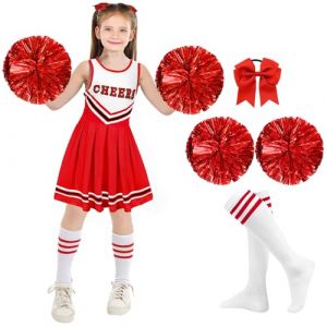 Maazusa Costume de pom-pom girl pour fille - Lot de 6 tenues de pom-pom girl avec jupe tutu, pompons, chaussettes, bandeau &agrave; cheveux, style r&eacute;tro pour Halloween, carnaval, f&ecirc;tes &agrave; th&egrave;me (rouge, 9-10 (SwiftGlow, neuf)