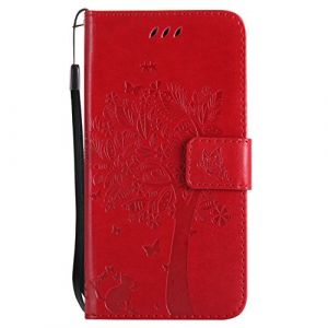 Coque Galaxy J3 2017/J330 [Avec Protecteur d'&eacute;cran en Verre Tremp&eacute;],Fatcatparadise(S&eacute;rie de chat et d'arbre) R&eacute;tro emboss Premium Flip Housse Coque Etui PU Cuir pour Samsung Galaxy J3 2017/J330(Rouge) (Fatcatparadise, neuf)