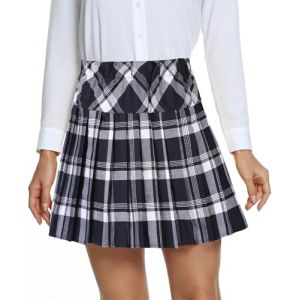EXCHIC Femmes L'école Style A Ligne Elasticité Taille Haute Mini Plissée Jupe Plaid Ecossaise Kilt avec Pantalons(M, 1-Blanc) (EEVASS, neuf)
