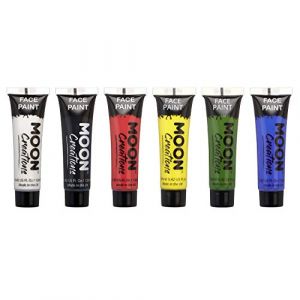 Moon Creations Tubes de peinture pour le visage et le corps | Peinture pour le visage pr&ecirc;te &agrave; l'emploi | Sans cruaut&eacute; | pour enfants, adultes, blanc, jaune, bleu, noir, vert, rouge, 12 ml (NeonBeauty, neuf)