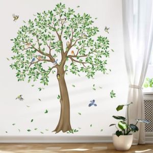 decalmile Stickers Muraux Grand Arbre Vert Autocollant Mural Feuilles Oiseaux sur Branche Décoration Murale Chambre Salon Bureau(H: 59 inches/150 cm) (DecalMile Direct, neuf)