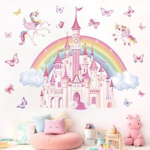 wondever Stickers Muraux Arc en Ciel Ch&acirc;teau Grand Autocollants Muraux Mural Stickers Ch&acirc;teau Licorne Papillons pour Chambre Fille B&eacute;b&eacute; P&eacute;pini&egrave;re (Wondever EU, neuf)
