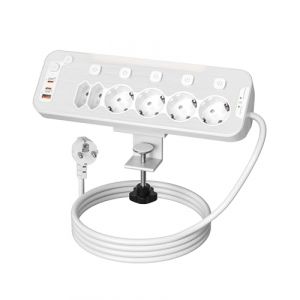 Multiprise Electrique de Table,Angle Multiprise de Bureau 6 Prises,PD20W Prise Multiple avec Interrupteur,Multiprise Parafoudre et Surtension avec Support de Bureau Fixable en Aluminium,2M Câble,Blanc (ELESHOCK, neuf)