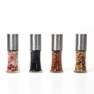 SILBERTHAL Lot de 4 moulins &agrave; &eacute;pices - Broyeur r&eacute;glable en c&eacute;ramique - R&eacute;sistant aux ar&ocirc;mes - Moulins &agrave; sel et &agrave; poivre en verre et acier inoxydable - Vide et rechargeable (premano, neuf)