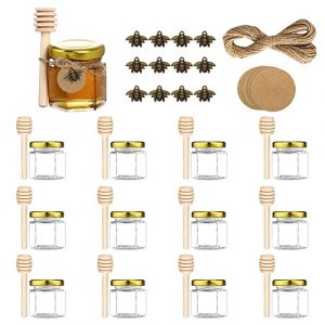 ComPDCVD Lot de 12 Mini Pot à Miel Hexagonaux en Verre 45 ml avec Louches en Bois, Pendentifs Abeille, Étiquettes en Papier Kraft, Jute Pots à Confiture pour Cadeaux et Cadeaux de Mariage (CHENDUKJ, neuf)