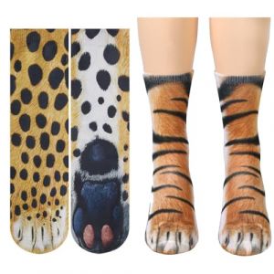2 paires de chaussettes à imprimé pattes d'animaux, Chaussettes Femme Motif Chat, cadeau noel, Styles tigre et léopard, Chaussettes Drôles fantaisie (CELTIC MANUFACTURING, neuf)