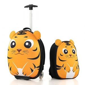 GOPLUS Valise Enfant Fille Garçon à roulettes, Valise Enfant 30 x 21 x 40CM & Sac à Dos, Hauteur de Poignée Réglable, Espace Suffisant, Motifs Mignons d’Animal, Surface Etanche (Jaune) (Augenstern24, neuf)