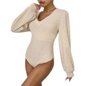 ticticlily Body Femme Manches Longues Body en Tricot Haut à Col en Roulé/Rond/V Combishort Tunique Top Sexy Chic Élégant Combinaison Leotard Knitted Bodysuit Jumpsuit C3 Abricot L (Flowers blossoming, neuf)