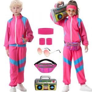 Hislovy D&eacute;guisement Ann&eacute;e 80 Enfant Fille Gar&ccedil;on Costumes Ann&eacute;es 80 90 Surv&ecirc;tement R&eacute;tro Ensembles de Sport Jogging pour Carnaval Disco Party Halloween, Rose, 7-8 ans (choudream, neuf)