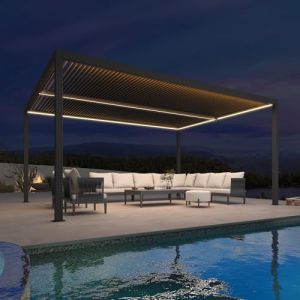 PURPLE LEAF Pergola Bioclimatique 4,8 x 3,68 m Pergola Aluminium avec Bande Lumineuse LED Pergola Jardin Extérieur Lames Orientables Tonnelle de Jardin Imperméable pour Terrasse Carport, Gris (PURPLE LEAF, neuf)