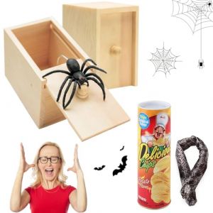 Boite Araignee A Farce en Bois, 2pcs Boite Araignee A Farce en Bois et 1pcs Pomme de Terre Chips Serpent, Bo&icirc;te d'araign&eacute;e Halloween, Jouets Prank Pomme de Terre Chips Serpent, pour Halloween (YuLing-EU, neuf)