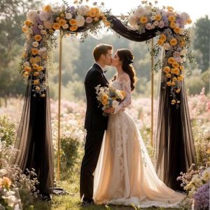 BSTDAYEVER Tenture Mariage Voilage Noir Mariage Arche Tenture Rideau en Tulle 1.6x8m Tissu d'organza pour Drapé Arche pour Décoration de Mariage Cérémonie Fête Toile de Fond (BSTDAY, neuf)