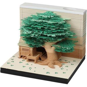 MEICHI Bloc-notes 3D, non coll&eacute;, Maison dans les arbres 3D (vert) art sur papier avec &eacute;tui d'affichage en cristal clair, 9 x 9 x 6 cm, 260 feuilles, d&eacute;coration de table (iIdee, neuf)