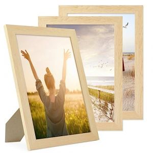 PHOTOLINI Cadre photo A4 21 x 30 cm bois MDF naturel, cadre large bord, lot de 3 cadres photo, verre acrylique incassable, d&eacute;coration murale &agrave; suspendre & &agrave; poser, accessoires suppl&eacute;mentaires (PHOTOLINI, neuf)