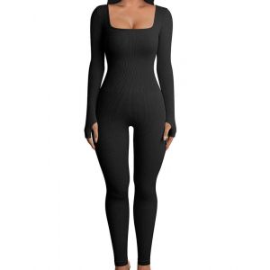 Rongseng Combinaison Femme Moulante Sport Yoga Jumpsuit Combinaison Bodycon en Tricot &agrave; col Carr&eacute; et &agrave; Manches Longues C&ocirc;tel&eacute; Une Pi&egrave;ce Jumpsuit Pour Gym Sports Fitness Club (Rongseng Direct Store, neuf)