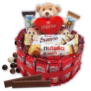 Tarte au chocolat Kit Kat + Ours LOVE - Cadeau pour la Saint-Valentin. Kinder Bueno, Kinder Chocolate, Happy Hippo - Tarte de 20 cm [IAMI] (Distribuciones Plasencia, neuf)