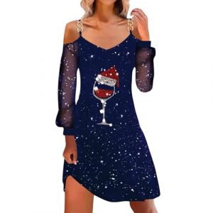 G&eacute;n&eacute;rique Robe Noel Femme Femme Robe De No&euml;l &Agrave; Imprim&eacute; Verre &Agrave; Vin Manche Longue Robe Au Genou D&eacute;contract&eacute;e Robe De F&ecirc;te De Cocktail (liucunwu, neuf)