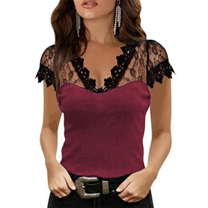 ORANDESIGNE T-Shirt Femme Sexy Décolleté Blouse Elégant Col V Chic Dentelle Manche Court Tee Shirt Épaule Dénudée Tunique Top Moulante Pull Top Couleur Unie Hauts Blouses 10-vin Rouge S (ORANNER EU, neuf)