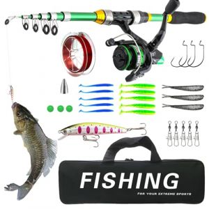 Xummpxuk Canne à pêche, kit de pêche de survie, canne à pêche télescopique en fibre de carbone | Canne à pêche de voyage avec leurres, lignes, sac de transport, kit de canne à pêche pour eau salée et (Azinketa, neuf)