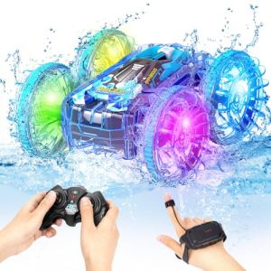 AmazeFun Voiture télécommandée amphibie - Capteur de gestes 4WD - Voiture RC rotative à 360° pour enfants - Véhicule amphibie avec lumière - Piscine Plage Jouet Bateau - 4,5,6,7,8 + - Cadeaux pour (SNADER, neuf)