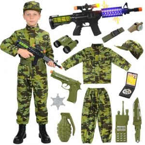 Deguisement Militaire Enfant, Costume Militaire Enfant Camouflage Militaire D&eacute;guisements pour Enfants,avec Costume Arm&eacute;e,Chapeau,T&eacute;lescope,Walkie Talkie pour Halloween Carnaval Cosplay (120-130CM) (HUAJIESW, neuf)