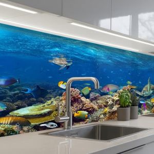 KitchenYeah&copy; Cr&eacute;dence Adh&eacute;sive R&eacute;sistant &Agrave; La Chaleur 80x150 cm Protection Mur Cuisine Panneaux Muraux Adhesif Panneau Decoratif Interieur Paysage Sous-Marin - Poissons - Tortue - Bleu (KitchenYeah, neuf)