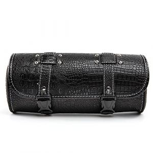 APEBAZY Sacoche de guidon de moto avec 2 sangles de fixation, Sacoches de selle rondes en PU cuir de crocodile noir, Poches fourche stylis&eacute;es &agrave; rivets, Sac lat&eacute;ral pour le rangement d'outils de petite (APEBAZY-EUR, neuf)