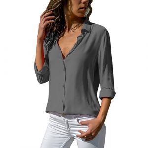 Chemisier sans manches en mousseline de soie pour femme Coupe ample Grande taille Boutonn&eacute; Haut &agrave; manches longues Chemisier cintr&eacute; pour femme, gris, S (Meimeipu, neuf)