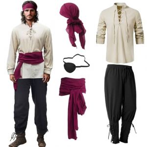Ginkago Deguisement Pirate Homme et Femme avec Ceinture Bandana Cache Oeil Pirate Costume Chemise Pirate Homme pour Adulte Halloween Carnaval Anniversaire Pirate (Rouge, M) (BEFHAO, neuf)