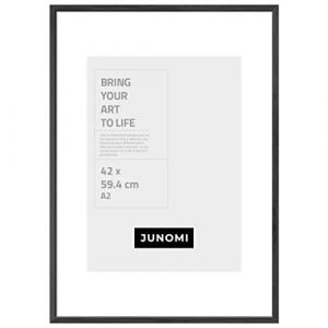JUNOMI® Cadre photo DIN A2 bois noir | Cadre photo 42 x 59,4 cm (16.5x23.4) noir avec verre plexi incassable | Cadre photo bois (kizibi, neuf)
