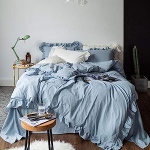 Sedefen Feuille de Lotus Housse de Couette 220x240cm + 2 taies d'oreiller 65x65cm Ado Fille Adulte Bleu Volants Romantique Parure de Lit 2 Personnes Avez Fermeture Éclair (AnfangStore EU, neuf)