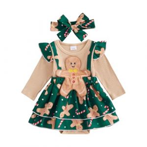 Caziffer Ensemble de No&euml;l B&eacute;b&eacute; Fille D&eacute;guisement No&euml;l Imprim&eacute; Robe de Barboteuse + Bandeau D&eacute;guisement de No&euml;l pour B&eacute;b&eacute; Fille 0-18 Mois (Kaki, 12-18 Months) (baixia, neuf)