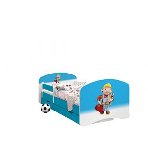 Happy Babies - LIT D'ENFANT DOUBLE FACE AVEC TIROIR Design Moderne Avec Bords Sûrs et Matelas en Mousse Antichute 7 cm Bleu (Bob le Constructeur, 180x90) (EuroTrip, neuf)