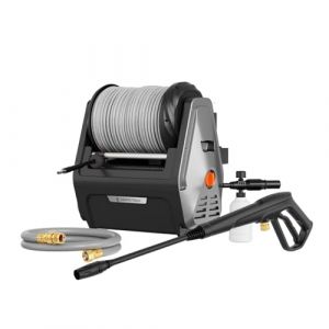 Giraffe Tools Nettoyeur haute pression mural 1800 W Max 2400 PSI 2,0 GPM nettoyeur &agrave; pression d'eau &eacute;lectrique avec tuyau r&eacute;tractable de 30 m pour voiture, terrasse, noir, tuyau souple gris (Giraffe Tools EU, neuf)
