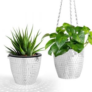 Qiumyanlod Pot de Fleur Suspendu Boule &agrave; Facette,Jardini&egrave;re Boule Disco,Argent&eacute;s Miroir Boule Disco Vase,avec Cha&icirc;ne,Paillette Boule &agrave; Facette Deco Pot de Fleur pour Interieur Exterieur Plante,5 Zoll (Qiumy, neuf)