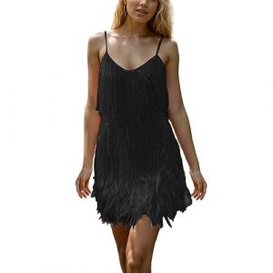 PINTUTU Cadeau Femme Robe Gatsby Couleur Unie sans Manche 1920S Robe &agrave; Frange Bretelles Robe &agrave; Charleston D&eacute;guisement pour Soir&eacute;e Danse Latine Robe Soiree Femme Paillette Costume Samba Femme (PINTUTU SEXY, neuf)
