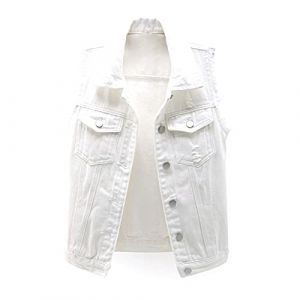 Gilet en Jean Femme Denim Veste sans Manche D&eacute;chir&eacute; Boutonn&eacute; Blanc S (light-in-the-dark, neuf)