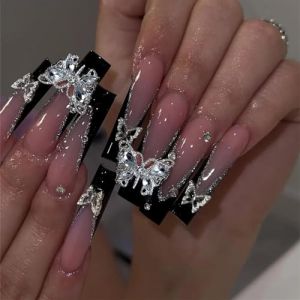 Faux ongles, ongles à presser Faux ongles longs en forme de cercueil avec colle, faux ongles marron portables avec strass, presse de Ballet, couverture complète(53) (zhangtingamz, neuf)