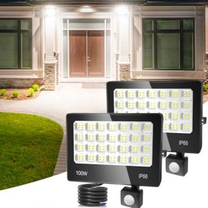 ANNIFUNLY Projecteur Led Extérieur Detecteur de Mouvement, 2 Pièces 100W 10000LM IP66 Etanche Éclairage Exterieur, 6500K Projecteur Led avec Détecteur Lampe de Sécurité pour Garage, Cour, Jardin (zhanseneu, neuf)