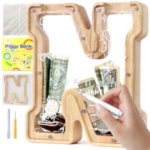 Lakpopya Tirelire en Bois pour Enfant Tirelire Cochon Personnalisée de Lettres A à Z Tirelire Billet Transparente Créative pour Cadeau Décoration Baptême pour Fille Garcon (N) (Never fail, neuf)