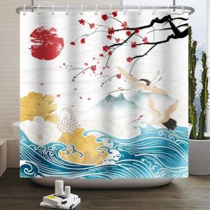 SDOTPMT 140x180cm Rideau de Douche Japonais océan Mont Fuji Rouge Soleil Sakura Grue Blanche Asie Japon Traditionnel Ukiyo - e Art avec Crochet Rideau de Douche (SDOTPMT, neuf)