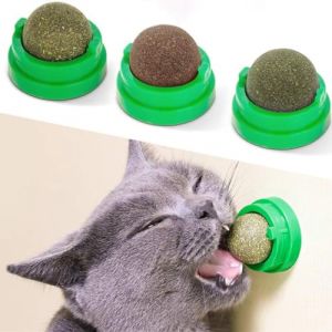 Fiorky 3 pi&egrave;ces boule d'herbe &agrave; chat jouet pour chat friandises pour chat, boules comestibles rotatives jouet interactif pour chat jouet de chat auto-adh&eacute;sif nettoyage des dents d'herbe &agrave; ch (Zouwinforever, neuf)