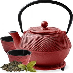 Tealøv THEIERE FONTE 1,1 LITRE SET COMPLET | BOÎTE CADEAU | Service à Thé en Fonte avec Théière, 2 Tasses & Dessous Théière | Entièrement Émaillée de l'Intérieur | Design De Style Japonais | Rouge (Cook & Dine, neuf)