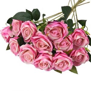 RXKFIGX 12 Pcs Fleurs de Rose Artificielle Rose Fonc&eacute; Roses en Soie Tige Unique R&eacute;aliste 51 CM Fausses Fleurs de Soie Tige Unique Roses pour Mariage F&ecirc;te Table Jardin H&ocirc;tel Bureau（Rose Fonc&eacute; (kuyishop, neuf)