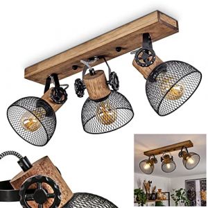 Plafonnier Orny, lampe en bois marron et m&eacute;tal noir, tout en &eacute;tant orientables et pivotable &agrave; volont&eacute;, cr&eacute;ant un jeu de lumi&egrave;re, 3x E27, ampoule(s) non incluse(s) (hofstein, neuf)
